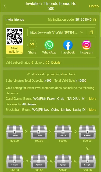 MF777 game referral program showing invitation code, referral link, social sharing options, and rewards boxes
