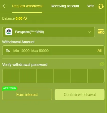 MF777 withdrawal page showing Easypaisa option, withdrawal limit, and password input field.