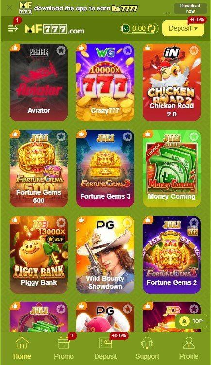 MF777 app screen showing some popular games